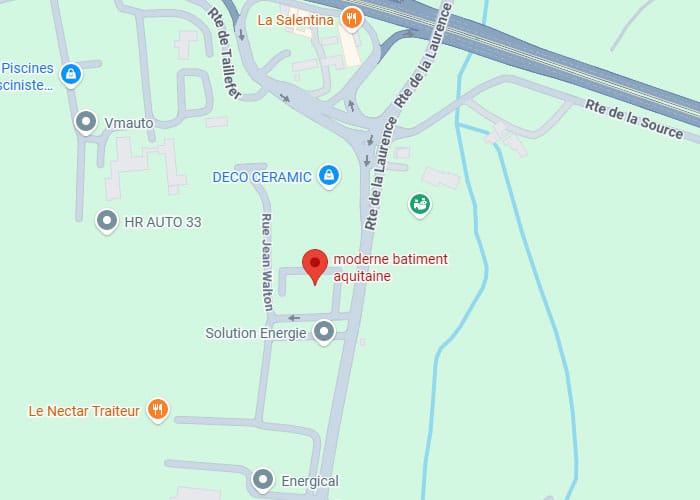 Localisation de Moderne Bâtiment Aquitaine - Plan d'accès Plan Google Maps situant moderne bâtiment aquitaine, rue Jean Walton, entre la Rte de la Laurence et Solution Energie.