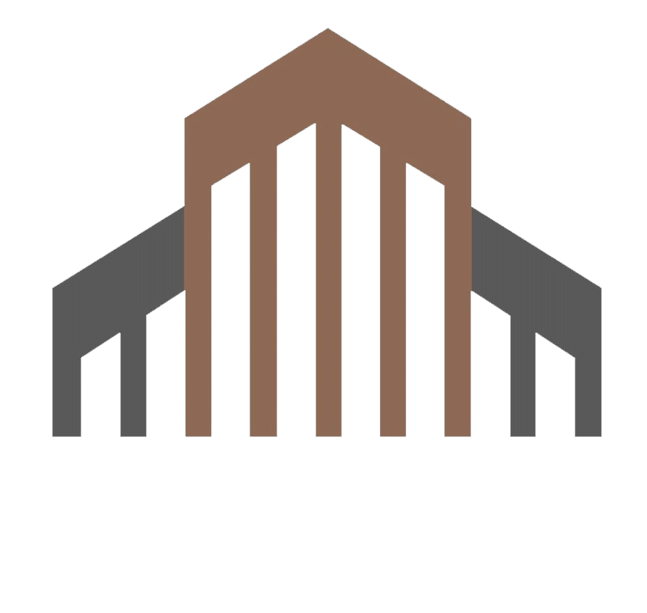 Logo stylisé de bâtiment brun et gris aux formes géométriques et colonnes épurées, style architecture moderne.