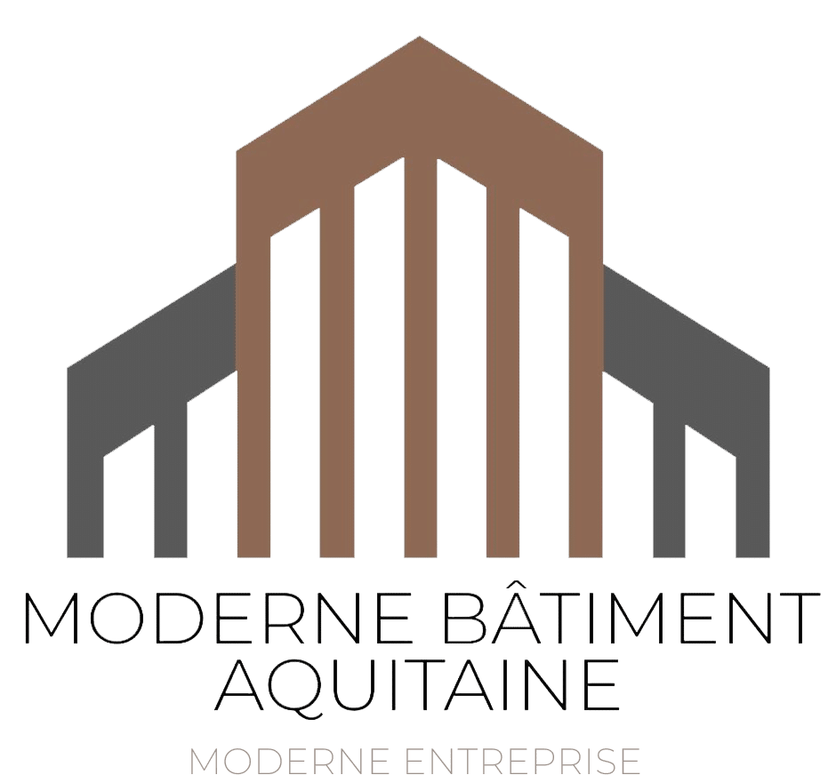 Logo Moderne Bâtiment Aquitaine Moderne Entreprise, bâtiment stylisé avec colonnes marron et grises.